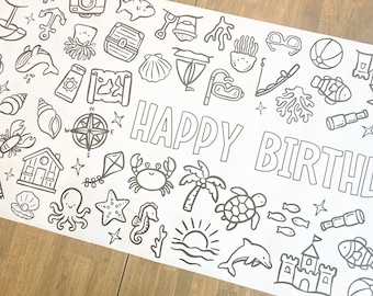 Coastal Coloring Table Runner, Coastal Beach Themed Birthday, Coloring, Beach Coloring Birthday, Beach