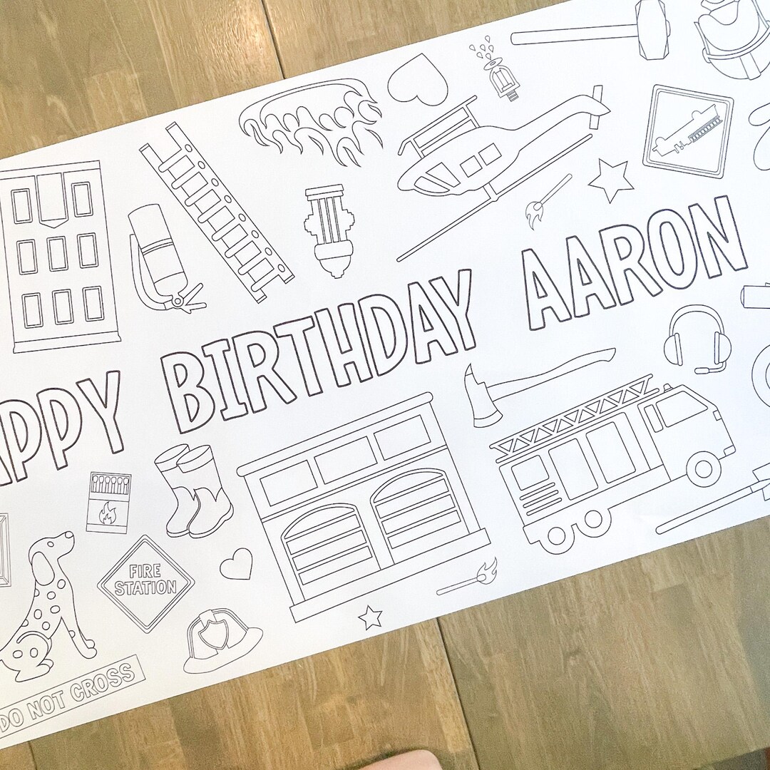 Fireman Party Coloring Table Runner, Firefighter Birthday Coloring Page ...