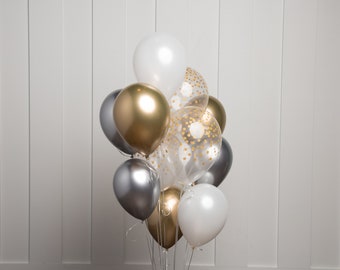 Silver and Gold Balloon Bouquet, Mix of 12 Latex Balloons in Chrome Silver, Chrome Gold, Pearl White  and Confetti-Dot Printed Balloons