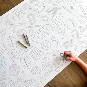 May include: A black and white coloring page with a science theme. The page features the words "Happy Birthday" and includes various science-related illustrations such as atoms, beakers, test tubes, and a lab coat. The page is partially colored with blue, green, and yellow.