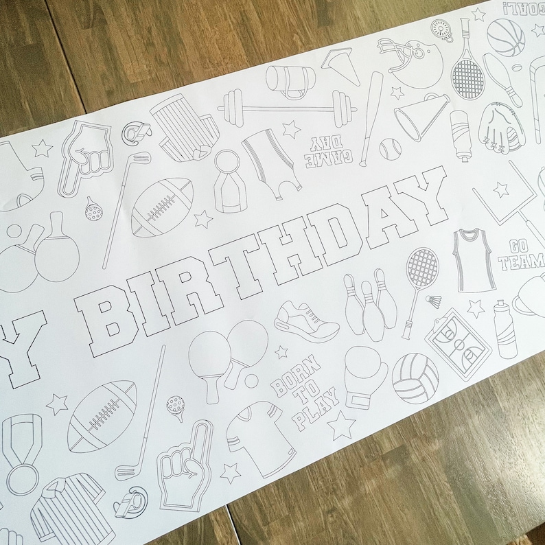 A black and white printable birthday banner with a sports theme. The banner features a variety of sports equipment, including a football, baseball bat, basketball, bowling pins, and tennis racket. The banner also includes the words "Happy Birthday" in large letters.
