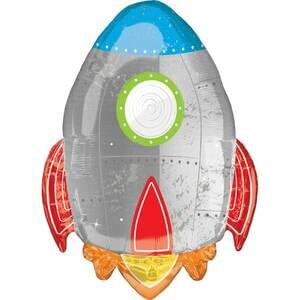 May include: A silver and blue rocket-shaped balloon with a green and white porthole and red and orange flames.