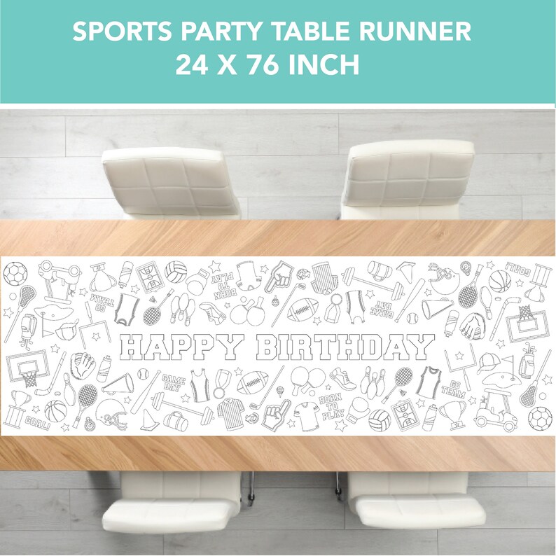 A white table runner with a black and white sports themed design. The runner features a variety of sports equipment, including baseball bats, basketballs, footballs, and soccer balls. The text "HAPPY BIRTHDAY" is printed in large letters in the center of the runner. The runner measures 24 inches by 76 inches.