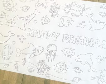 Under the Sea Birthday Coloring Table Runner, Ocean Birthday Coloring Page, Under the Sea Coloring Poster, Coloring, Party Decorations