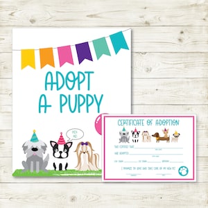Pet Adoption Certificate And Sign, Puppy Party, Puppy Birthday Sign, Puppy Birthday Party, Instant Download, Printable, Digital, Girl,
