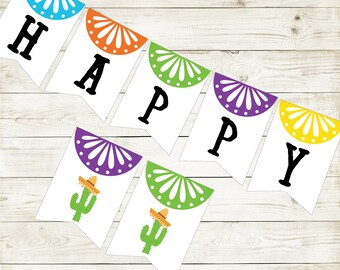 Fiesta Happy Birthday Banner , Cactus Happy Birthday Party, Cinco de Mayo Party, Instant Download,Printable, Digital