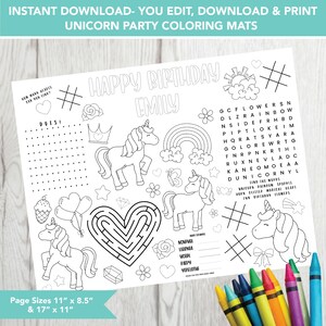 Editable Unicorn Party Placemat, Printable Birthday Coloring Page,  Unicorn Birthday Party Activity Sheet, Kids Coloring Page Printable File