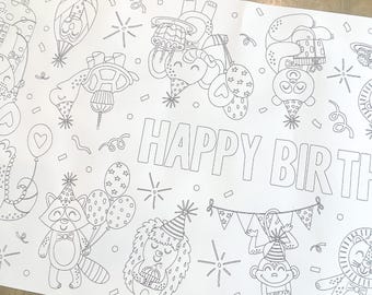 Happy Birthday Party Animal Coloring Table Runner, Happy Birthday Themed, Coloring Page, Coloring Poster, Coloring, Party Animal, Birthday