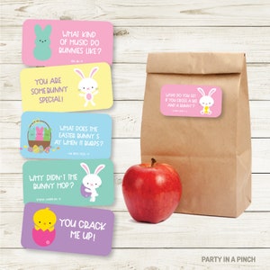 May include: A set of five colorful Easter-themed gift tags with bunny and chick illustrations. The tags feature puns and jokes about bunnies and Easter. The text on the tags includes: "What kind of music do bunnies like?", "You are some bunny special!", "What does the Easter bunny say when it burps?", "Why didn't the bunny hop?", and "You crack me up!"