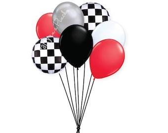 May include: A bundle of colorful balloons, including red, black, white, and silver. Two balloons feature a black and white checkered pattern. The balloons are tied together with black strings, perfect for a party or celebration.