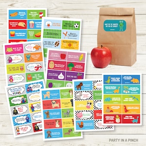 May include: A set of colourful printable cards with silly questions and answers for a kids' party. The cards feature various cartoon characters, including monsters, superheroes, dinosaurs, and animals. The cards are printed on white cardstock and have a black and white chequered border.
