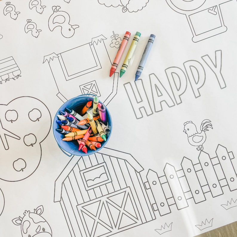 May include: A white colouring page with a farm theme. The page features a barn, a fence, a rooster, a cow, and a bucket of crayons. The word "HAPPY" is written in large letters at the top of the page.