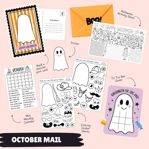 May include: A Halloween-themed activity set including a ghost postcard, an orange envelope with the text BOO!, a black and white activity sheet, a monthly calendar for October, two sticker sheets for building ghosts, and a Tic Tac Boo game card.