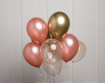 Rose Gold Balloon Bouquet, Mix of 12 Latex Balloons in Rose Gold, Chrome Gold,  and Confetti-Dot Printed Balloons, Party Bouquet