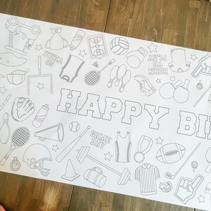 Black and white printable coloring page with the text "Happy Birthday" and various sports-themed illustrations, including a baseball, football, basketball, and soccer ball.