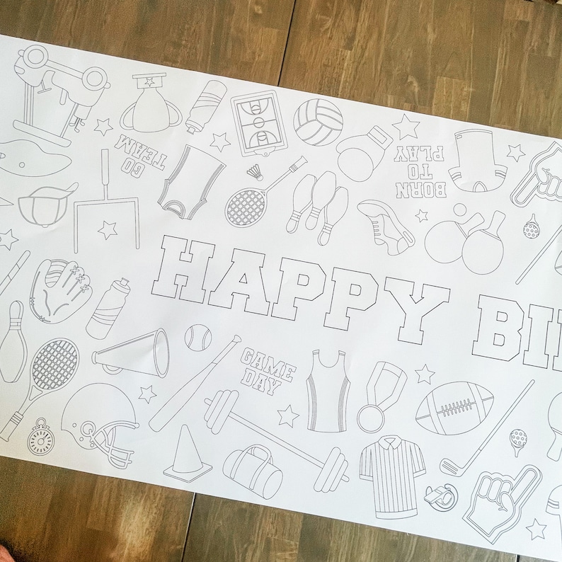 Black and white printable coloring page with the text "Happy Birthday" and various sports-themed illustrations, including a baseball, football, basketball, and soccer ball.