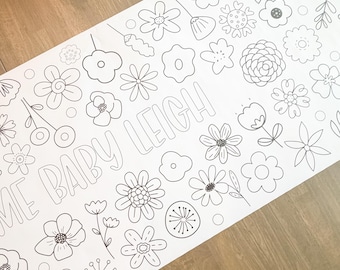 Flower Party Coloring Table Runner, Flower Themed Shower, Coloring Page, Garden Coloring Poster, Coloring,  Coloring Runner, Personalized