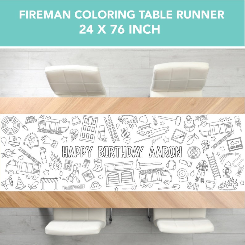Fireman Party Coloring Table Runner, Firefighter Birthday Coloring Page ...