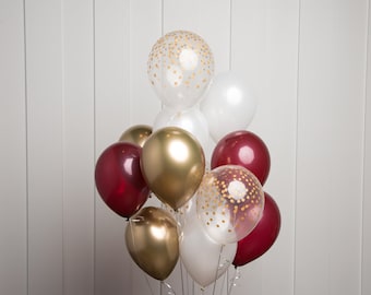 Burgundy and Gold Balloon Bouquet, Mix of 12 Latex Balloons in Burgundy Gold, Pearl White  and Confetti-Dot Printed Balloons, Party Bouquet