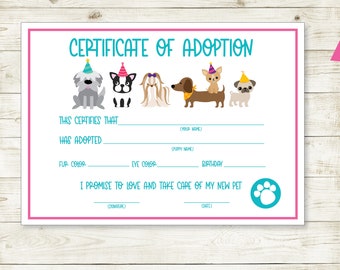 Pet Adoption Certificate, Puppy Adoption, Instant Download, Puppy Party, Dog Party Supplies,Adopt A Pet, Puppy Supplies, Digital, Printable