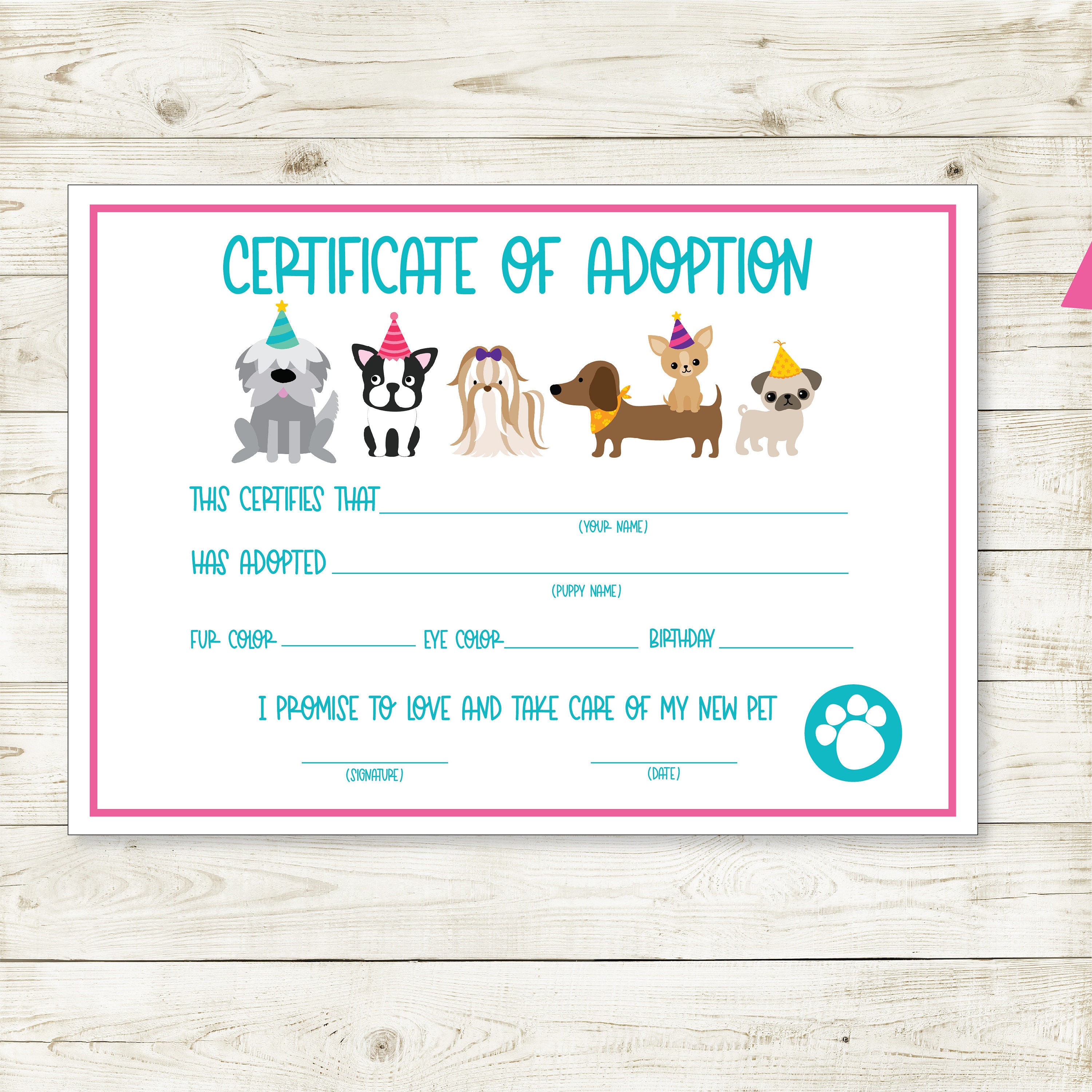 Pet Adoption Certificate, Puppy Adoption, Instant Download, Puppy