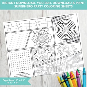 Editable Super Hero Party Mat, Printable Birthday Coloring Page, Super hero Activity Sheet, Kids Coloring Page Printable, Super hero Party