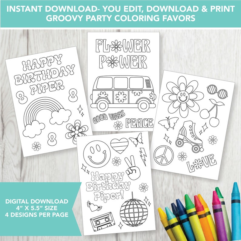 Editable Groovy Coloring Party Favors, Groovy Birthday Party, Printable ...