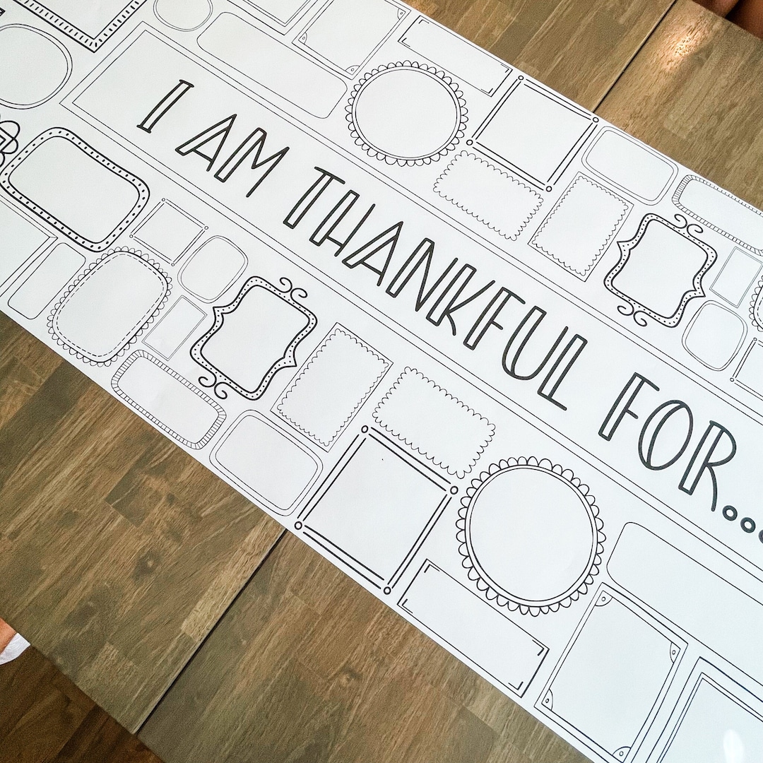 Thankful Coloring Table Runner, Thanksgiving Coloring Page, Thankful