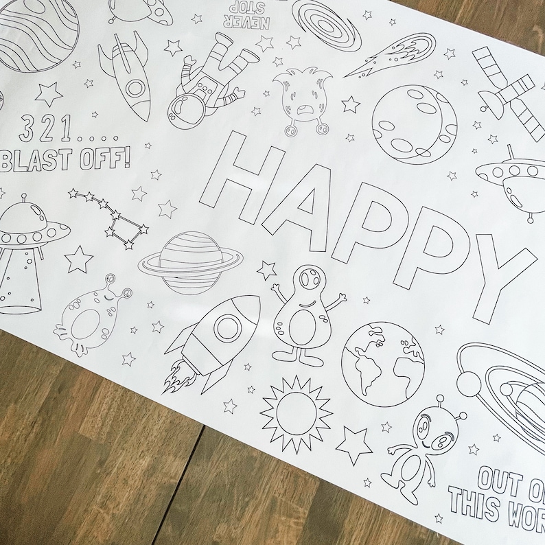 May include: A black and white coloring page with a space theme. It features a rocket, planets, stars, aliens, and the word "HAPPY". The text "321... BLAST OFF!" and "OUT OF THIS WORLD" are also included.
