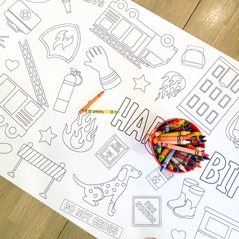 Fireman Party Coloring Table Runner, Firefighter Birthday Coloring Page ...