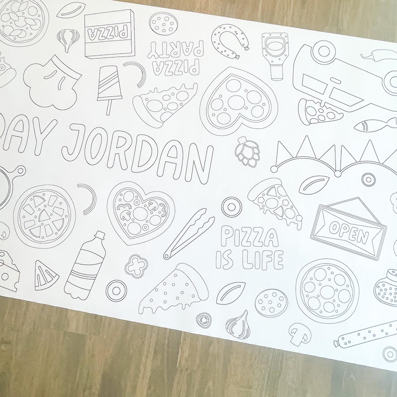 A white coloring sheet with a pizza theme. Outlined illustrations include pizza slices, a pizza box, a bottle, and the text "Pizza is Life." The name "Jordan" is also featured.