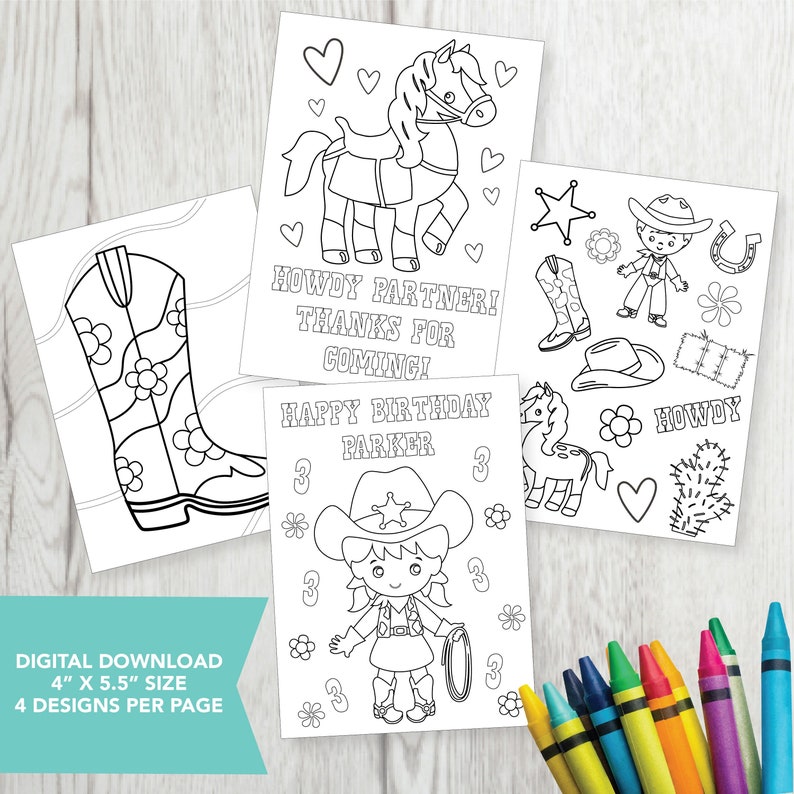 Editable Cowgirl Coloring Party Favors, Cowgirl Birthday Party, Printable, Western Birthday Party, Coloring Favor, Digital Download image 1