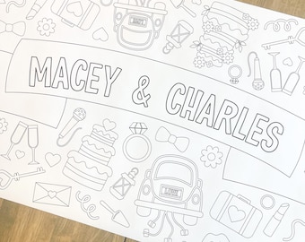 Personalized Wedding Birthday Coloring Table Runner, Wedding Coloring Page, Wedding Coloring Poster, Bridal Shower Decorations, 24 x 76 inch