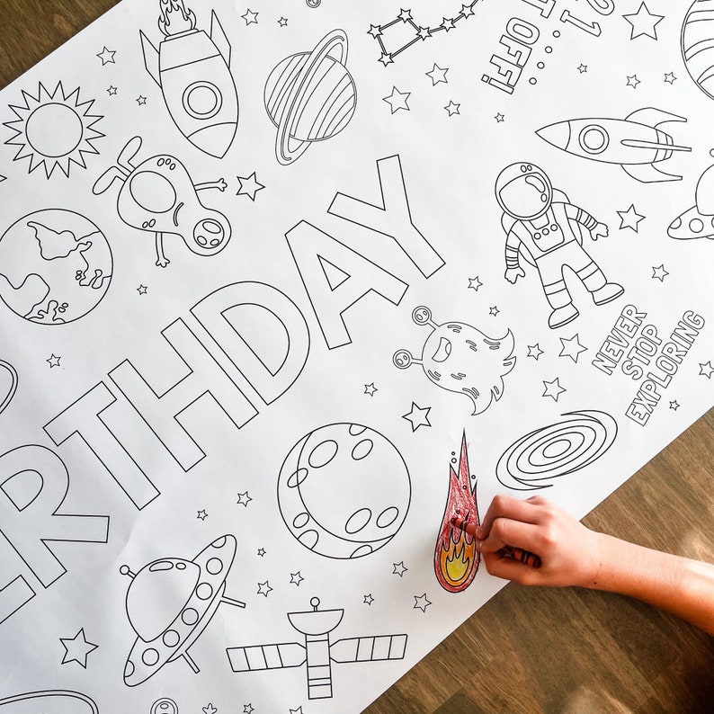 May include: A black and white coloring page featuring a space-themed birthday party design. The page includes a rocket ship, planets, stars, and the word "Birthday".