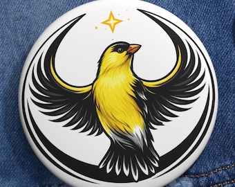 Iowa State Bird Rebel Alliance Pin Button | Eastern Goldfinch Parody Badge | Iowa Pride Sci-Fi Pin | Funny Fandom Gift
