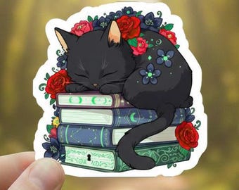 Floral Black Cat Book Sticker - Mystical Sleeping Kitten Decal - Aesthetic Library Cat Vinyl - Witchy Cat & Rose Gift for Book Lovers