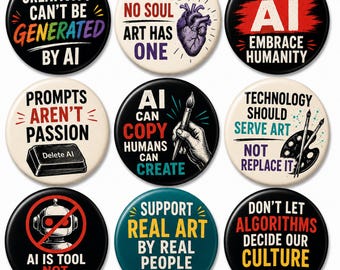 Anti AI Art Protest Pin Button Set, Support Real Artists Badge, Human Creativity Pin, Ethical AI Awareness Gift for Creatives