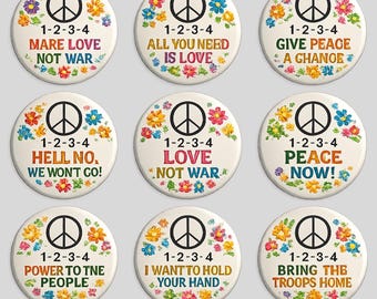 Vintage Peace Protest Pin Button Set, Hippie Flower Power Badges, Make Love Not War Pins, Retro Anti War Buttons, 1960 Peace Sign Collection
