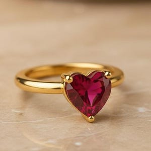 Puede incluir: Un anillo dorado con una piedra preciosa roja oscura en forma de corazón. La banda del anillo es lisa y redondeada, y la piedra preciosa está asegurada con pequeñas garras. El anillo se muestra sobre una superficie clara y texturizada.