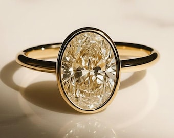 2 CT Oval Moissanite Engagement Ring, 14K Gold Bezel Solitaire