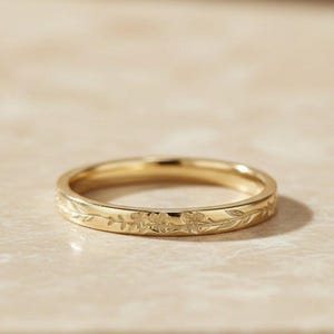 2.2MM Solid Gold Birth Flower Ring Natural Inspired Leaf Wedding Band Art Deco HandCraft Engraved Wedding Band Minimalist Ring Gift For Her