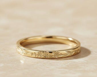 Anello in oro massiccio da 2,2 mm con fiore di nascita, fede nuziale a foglia ispirata alla natura, stile Art Déco, realizzata a mano e incisa, anello minimalista, regalo per lei.