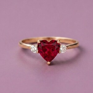 2CT Heart Cut Ruby Solitaire Engagement Ring 14K Yellow Gold Promise Ring with Diamond Accent Anniversary Gift for Her Gift for Woman