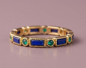 Sapphire Emerald 14k Gold Eternity Band, Baguette Wedding Ring