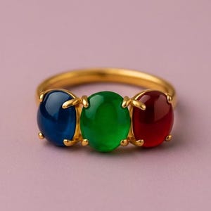 Gold Three-Stone Ring – Oval Emerald, Ruby, Sapphire Gemstone Jewelry