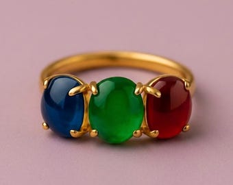 Gold Three-Stone Ring – Oval Emerald, Ruby, Sapphire Gemstone Jewelry
