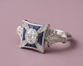 Unique Sapphire & Diamond Wedding Ring, Women's Promise Ring, Estate Jewelry For Women, Art Deco Ring Iconic Retro Ring Old European Style
