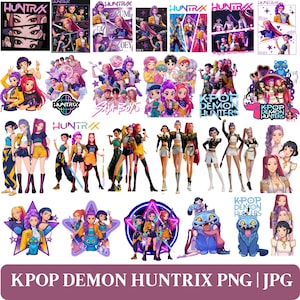 Peut inclure: Ensemble d'illustrations numériques sur le thème de la K-Pop, présentant des personnages féminins stylisés, des logos et du texte. Les images incluent le texte "HUNTRAX", "K-POP DEMON HUNTERS" et des noms de personnages. L'ensemble est vif et énergique.
