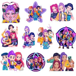 Puede incluir: Una colección de ilustraciones de dibujos animados coloridos que presentan a un grupo de mujeres jóvenes. Las ilustraciones muestran varias poses y estilos, con colores vibrantes y composiciones dinámicas. Las mujeres están representadas con atuendos y accesorios elegantes.