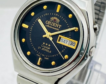 Vintage Refurbished Orient Watch 21 Jewels Automatic Day-Date Black Dial Men’s Watch.